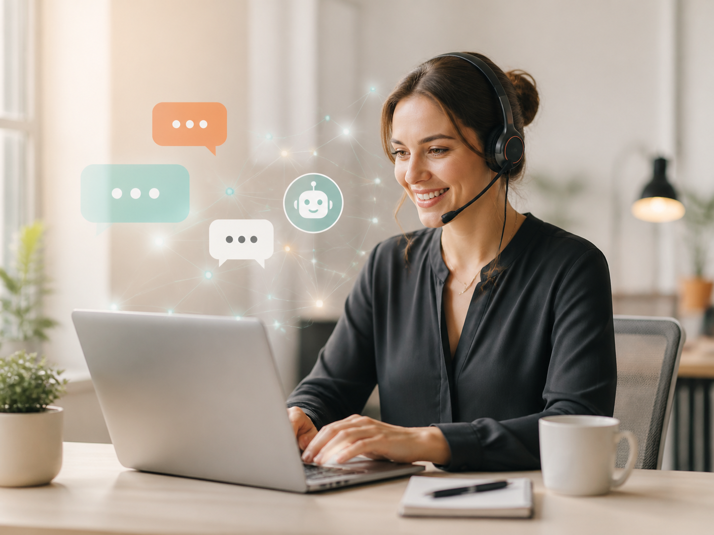 Customer service agent working with AI-assisted live chat